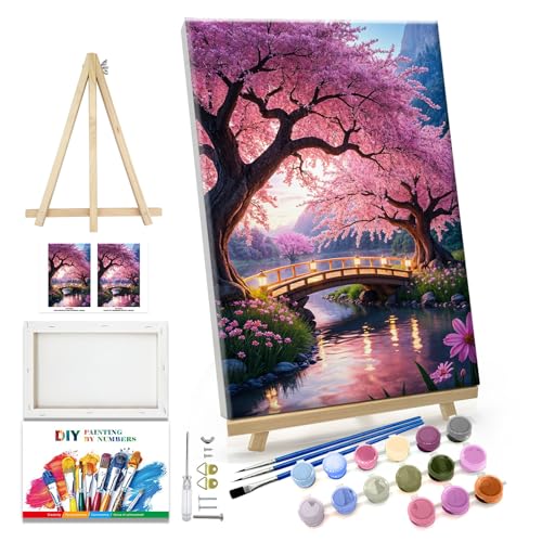 JOOZ Paint by Numbers Kit for Adults with Frame Sakura Paint by Number with Easel Tree Adult Paint by Number Kits Framed Canvas Mountain Waterfall Oil Painting Kits for Gift Home Wall Decor 8x12 Inch - color: Landscape 055