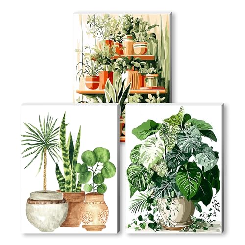 Jiqinsiye 3 Pcs DIY Plant Paint by Numbers for Adults,Wooden Framed Painting by Number Kits on Canvas,Acrylic Color by Numbers for Adult Beginner,Gifts Decor for Home Wall Room (Green Plant) - color: green plant