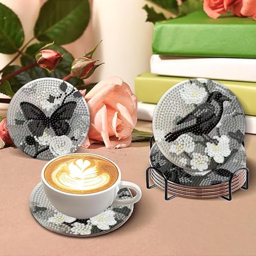 Clendo 8 Pcs Gothic Diamond Art Coasters Kit - DIY 5D Small Diamond Painting Coasters with Holder, Mini Diamonds Arts Kits for Adults Coaster, Gem Art Arts and Crafts for Adults - color: Jxbd134-us