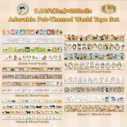 Cat & Dog Washi Tapes Set 20 Rolls, Cute Decorative Masking Tape for Junk Journal, Scrapbooking Supplies, DIY Crafting Supplies - style: Cat & Dog