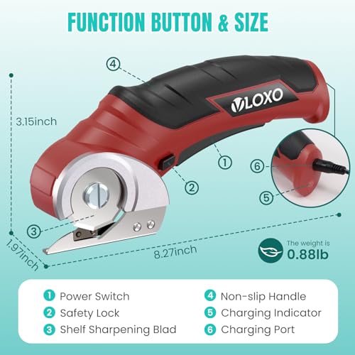 VLOXO 4V Cordless Electric Scissors Cardboard Box Cutter | Safety Lock Adapter Charging for Home Crafting, Warehouse Packaging & DIY Projects, Cuts Cardboard, Leather, Fabric (Red) - color: Red