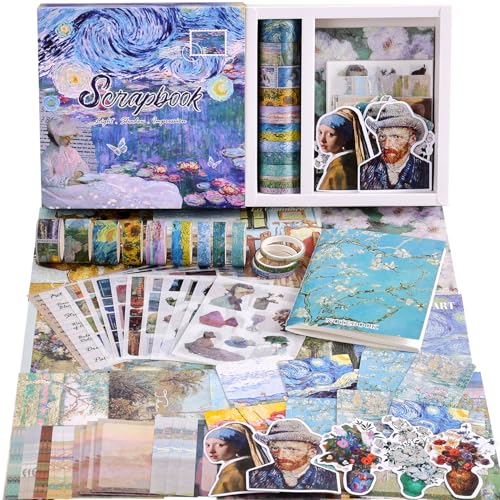 Scrapbooking Supplies Kit, Monet Van Gogh Oil Painting Theme Scrapbook Kit for Bullet Junk Journal, 12 Rolls Washi Tape, Stickers Papers for DIY Journaling Supplies, Craft Gift for Women Teenage - color: Oil painting