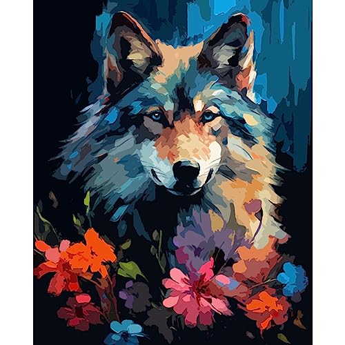 Tucocoo Wolf Portrait Paint by Number for Adults, DIY Digital Oil Painting Kits on Canvas with Brushes and Acrylic Pigment, Abstract Flowers Animal Hand-Painted for Home Decor 16x20 inch (Frameless) - color: Artwork-07, size: 16''x20''(Without Frame)