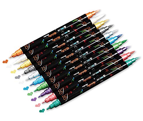 INK LAB Metallic Marker Pens Dual Tip 10 Colors Metallic Pens for Card Making Rock Painting Album Scrapbook Metal Wood Ceramic Glass, Medium & Brush Tip