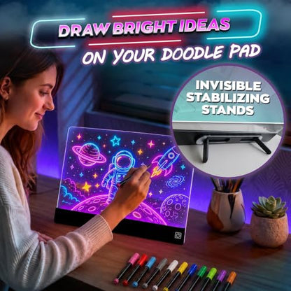 Upgraded 16 Inches LED Drawing Board – Rechargeable, 8 Colors, 11 Light Modes, Adjustable Brightness – Acrylic Light Board for Tracing with Stand, Markers and Full Kit – Birthday Gift Set (Black) - style: Black Style