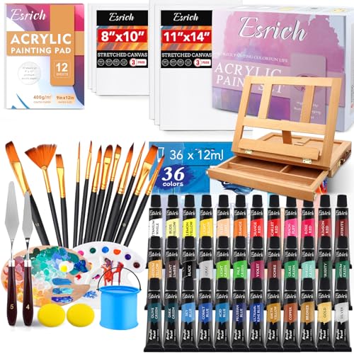 ESRICH 74 PCS Acrylic Paint Set for Adults with Beech Wood Easel | 36 Colors, 12 Brushes, 6 Canvas, Paint Pads, Palette, Knives, Brush Cup and Art Sponge,Painting Kits for Adults - color: 36 Color Acrylic Paints
