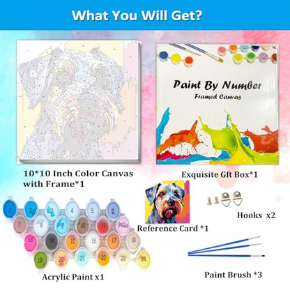 Artunion Framed Paint by Numbers Kit for Adults Beginners & Kids Ages 8-12,Schnauzer Paint by Number with Frame,Dog Animal Paint by Numbers Kit on Canvas 10 * 10 Inch Without Easel - color: ZXT-379-F