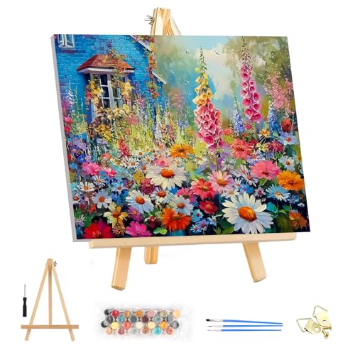 EOBROMD Framed Paint by Numbers Kits for Adults - Wooden Easel, Flowers DIY Acrylic Paint by Number on Stretched Canvas, Painting Kits Adults Oil by Numbers for Home Decor 14x10 Inch - color: LG041