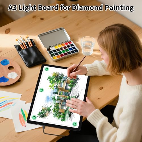 Rechargeable A3 Light Pad for Diamond Painting, 4000mAh Tracing Light Box with 6 Levels of Brightness, Side Physical Buttons & 3 Colors, High-Brightness Light Board for Diamond Art, Drawing, Sketching - style: Rechargeable A3 (Black)