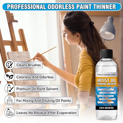 Odorless Mineral Spirits 100ml, Odorless Paint Thinner for Oil Based Paint, Premium Mineral Spirits for Cleaning, Refined Solvent for Artists, Oil Painting Supplies for Studio & Classroom(120g)