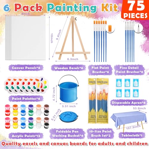 Flasoo 6 Pack 8x10 Canvas Painting Kit, 75 PCS Sip and Paint Kit, Paint and Sip Kit for Adults with Acrylic Paint, 32 Brushes, Palettes, Aprons, Tablecloth, Folding Cups for Paint Night, Gift - color: 12 colors-6pack
