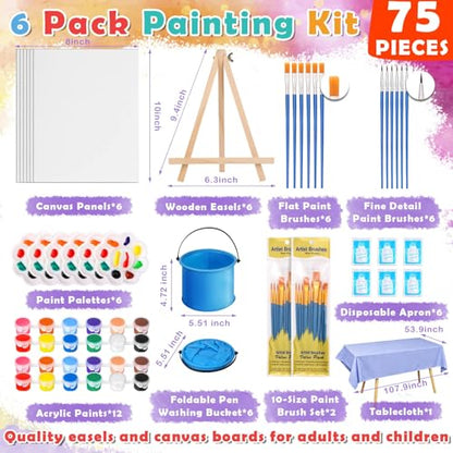 Flasoo 6 Pack 8x10 Canvas Painting Kit, 75 PCS Sip and Paint Kit, Paint and Sip Kit for Adults with Acrylic Paint, 32 Brushes, Palettes, Aprons, Tablecloth, Folding Cups for Paint Night, Gift - color: 12 colors-6pack