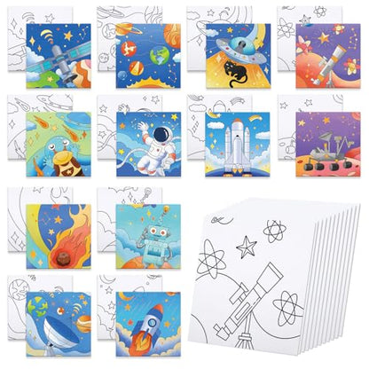 Anseal 12 Packs Pre Drawn Canvas to Paint, 4" X 4" Space Pre-Printed Canvas Paint Party, Stretched Outline Painting Boards for Beginners, Party Favor - style: Space