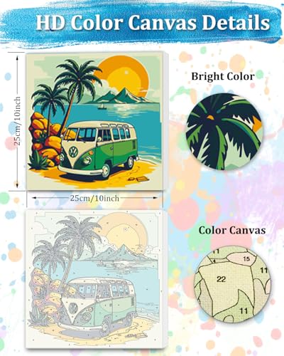 TOCARE Framed Paint by Numbers Kit for Adults Beginner & Kids Ages 8-12,Palm Tree Bus Paint by Number Framed,Simple Oil Paint by Number Kits on Canvas Framed Bus(10x10 Inch, Without Easel) - color: TC-F-103