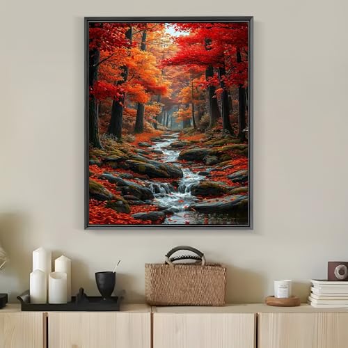 Fall Forest Brook Leaf Diamond Art Kits for Adults, 5D Diamond Painting Kits for Adults Beginners, DIY Full Round Drill Diamond Dot Painting Gem Art Kits for Adult, Home Wall Decor 11.8x15.7 Inch - color: NZ61