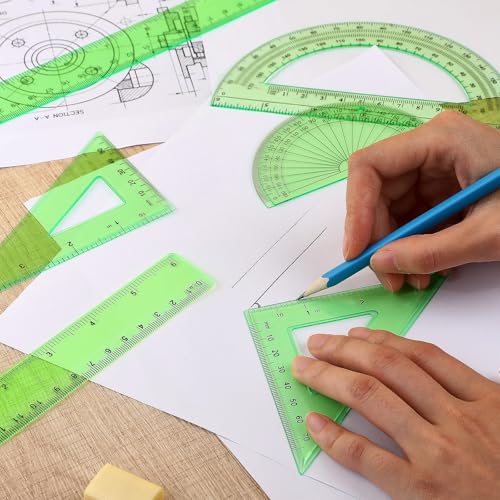 Zonon 7‑Piece Geometry Set with Drawing Compass, 6 & 4 Inch Protractors, Triangle Rulers and Straight Rulers, Transparent Math Drafting Supplies for Back to School, Students and Office Use(Green) - color: Green