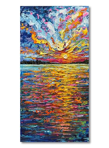 Art Hand-Painted Sea Sunrise Landscape Painting Modern Abstract Oil Painting Large Canvas Art Living Room Bedroom Corridor Wall Decoration Painting 48x24 inches - color: Yi066