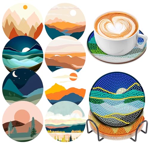 8 Pcs Diamond Art Coasters Kits for Adults with Holder Cork Pads, DIY ﻿Abstract Landscape Diamond Art Dots Painting Coasters Kits for Adults Beginners, Ideal Gift - color: Abstract Landscape