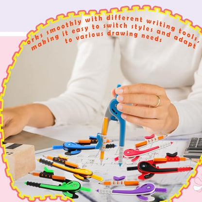 40 Pcs Plastic Math Compasses Set with Yellow Pencils Compass Geometry Tool for Students Classroom Art Projects, 8 Colors