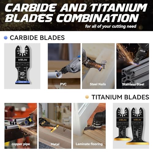 KELIN 6 PCS Carbide Titanium Oscillating Blade,Universal Multitool Blades | Heavy Duty Oscillating Tool Saw Blades for Steel Bolts Screws Metal Wood Cutting with Hangable Case,Fit For Bosch Fein Dewalt - size: 6 PCS (Carbide + Titanium)