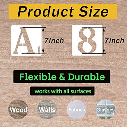 7 Inch Letter Stencils Numbers Craft Stencils, 42 Pcs Reusable Plastic Alphabet Drawing Templates for Painting on Wood, Wall, Fabric, Rock, Signage, Door Porch, DIY Art Projects - size: 7 Inch