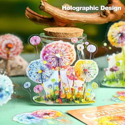Dandelion Floral PET Stickers Set, 60PCS Holographic Botanical Flower Stickers for Scrapbooking, Journaling, DIY Crafts, and Art Supplies - color: Dandelion Wish