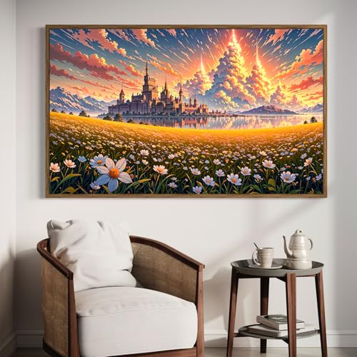 DDGEMART 5D Diamond Painting, Full Drill Fantasy Castle Meadow Lake Flower Art for Adults, Large 28x16 Inch - color: Fantasy Landscape