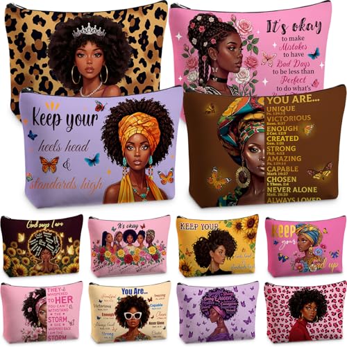 12 Pcs African American Makeup Bags Bulk, Christian Gifts for Women with Bible Verse, Black Women Canvas Zipper Bags for Mother's Day Church Group Sister Mom - style: African Style