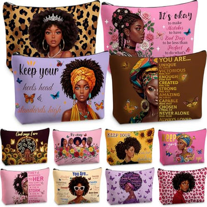 12 Pcs African American Makeup Bags Bulk, Christian Gifts for Women with Bible Verse, Black Women Canvas Zipper Bags for Mother's Day Church Group Sister Mom - style: African Style