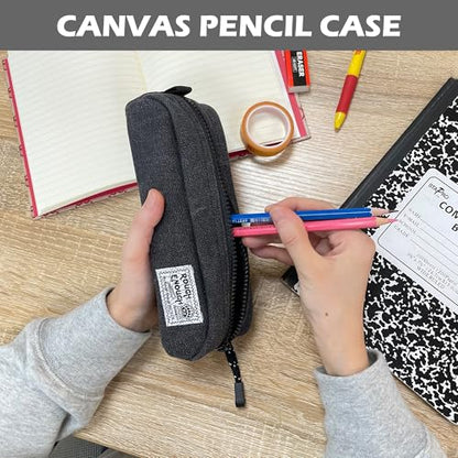 Rough Enough Small Canvas Pencil Case, Stationery Bag for Students | Black, 8"x3"x2.5", YKK Zipper, Detachable Keychain, Name Tag, for School & Office Stationery Use