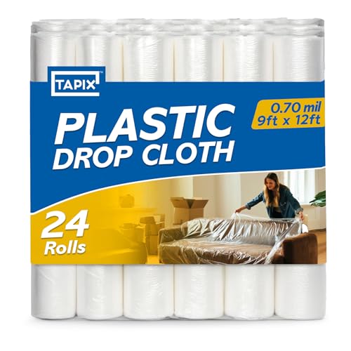 12 x 9 Ft Drop Cloths (24-Pack) – Plastic Sheeting & Painters Plastic Tarps for Painting, Waterproof Floor & Furniture Protection - size: 24 Pack