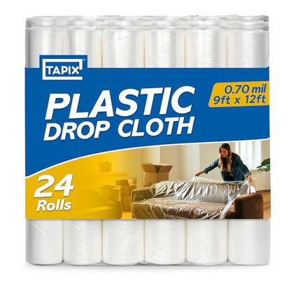 12 x 9 Ft Drop Cloths (24-Pack) – Plastic Sheeting & Painters Plastic Tarps for Painting, Waterproof Floor & Furniture Protection - size: 24 Pack