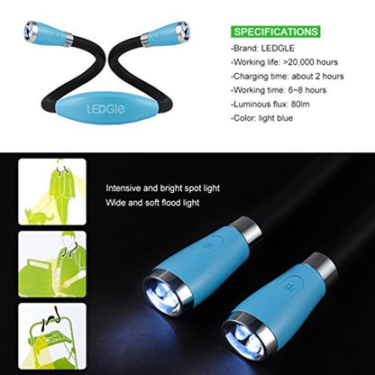 LEDGLE Neck Reading Light Rechargeable Neck Flashlights for Knitting, 4 LED Bulbs + 3 Adjustable Brightness + Flexible Soft Silicone Arms | Hands Free Flashlight for Reading Crocheting Repairing - color: Sky Blue