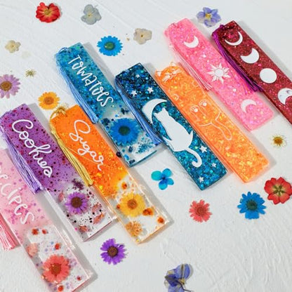 LET'S RESIN Bookmark Resin Molds Silicone 1.5'' Wide, Blank and Cat Moon Pattern Silicone Bookmarks Molds Kit with 20pcs Tassels, Rectangle Bookmark Molds for Epoxy Resin Casting Crafts - size: 2 style