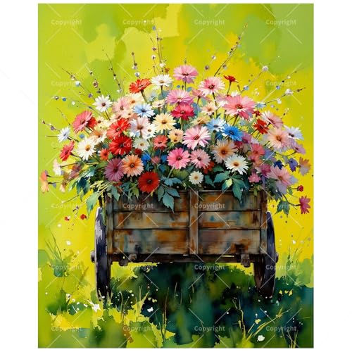 Garden Flowers Paint by Numbers Kit for Adults - DIY Colorful Wildflowers in Wooden Cart Painting on Canvas 16x20In, Framed Acrylic Paint Set, Suitable for Beginners, Art for Home Decoration/Gifts - color: FM05876, size: 16×20in Framed
