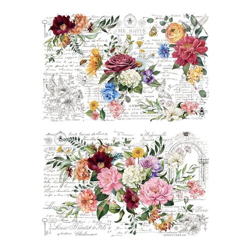 Joeyan Floral Bouquet Rub On Transfers for Furniture and Crafts, 2 Large Vintage Flower Design Sheets 12''x18'', DIY Home Decal on Wood Glass Metal Canvas Porcelain Paper Plastic, Peony Letters - style: Peony Letters