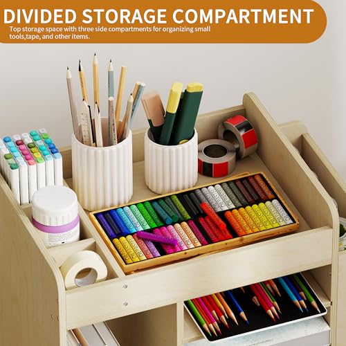 Art Cart Rolling Wood, Arts and Crafts Supply Organizer with Bookshelf | Multi-Functional Art Organizer Cabinet, Diy Utility Cart Small Art Supply Storage for Classroom Kindergartens Office Bedroom