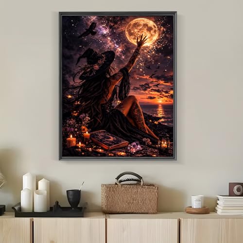 Halloween Witch Moon Diamond Art Kits for Adults, 5D Diamond Painting Kits for Adults Beginners, DIY Full Round Drill Diamond Dot Painting Gem Art Kits for Adult, Home Wall Decor 11.8x15.7 Inch - color: NZ62