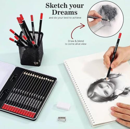 Professional Sketch Pencil Set, 14 Piece Drawing Pencils (12B-6H), Graphite Charcoal Art Pencils with Eraser and Sharpener in Metal Tin Case