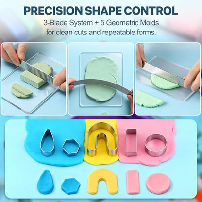 Dobur Polymer Clay Tool Set 19 Pcs Acrylic Roller Cutters for Clay Earrings | Acrylic roller, thickness rings, cutters, grid guide, blades and Teflon sheets for polymer clay earrings