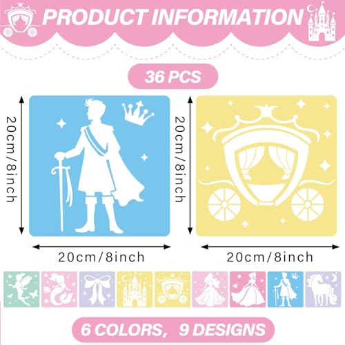 36Pcs Princess Drawing Stencils for Kids 8 Inch Reusable Fairy Sidewalk Chalk Stencil Large Fairytale Castle Stencils Princess Theme Primary Shape Template for Kids Toddlers Drawing Wall Home - style: Fairytale