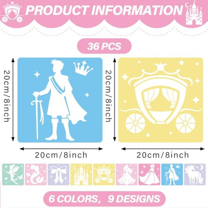 36Pcs Princess Drawing Stencils for Kids 8 Inch Reusable Fairy Sidewalk Chalk Stencil Large Fairytale Castle Stencils Princess Theme Primary Shape Template for Kids Toddlers Drawing Wall Home - style: Fairytale