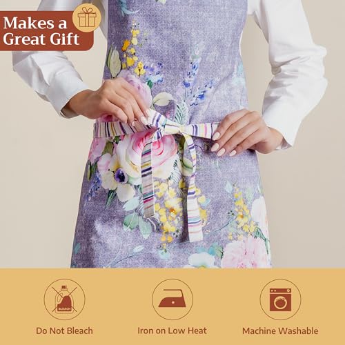 Maison d' Hermine Aprons for women with Pocket 100% Cotton (27.50"x31.50") | Adjustable Neck Strap & long ties Apron Men Chef Wedding Cooking Gardening Server Maid - color: 062 - Sweet Rose Lavender - Lush