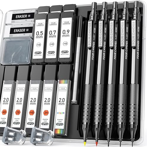 Four Candies Metal Mechanical Pencil Set, 3PCS Art Drafting Pencils 0.5, 0.7, 0.9MM & 2PCS 2MM Mechanical Drawing Pencils with 420PCS Leads (4B 2B HB 2H Color) for Writing Sketching Drawing (Black) - color: Black, size: 0.5, 0.7, 0.9, 2.0MM