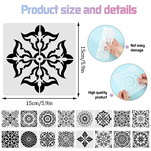 16 Pcs Mandala Stencils, 6x6 Inch Reusable Painting Templates for DIY Craft | Pet Material, Smooth Edges, Reusable Mandala Designs, Washable, for Wood, Rock, Walls, Paper, Fabric, and Scrapbook Cards - style: Mandala Stencils-2