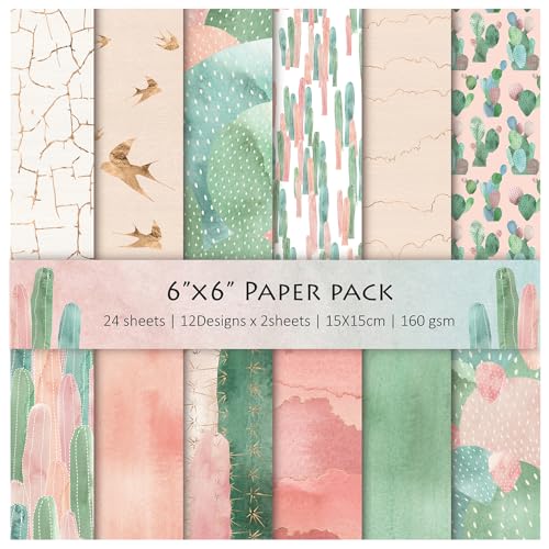 Scrapbook Paper, 24 Sheets 6"×6" 160gsm Single-Sided Patterned Cardstock - color: 24 sheets-cactus