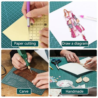 3Pcs Self Healing Cutting Mat with Knife and Quilting Ruler，3 Size Non-Slip Cutting Mat for Crafts Hobby Project， A3/A4/A5，Green