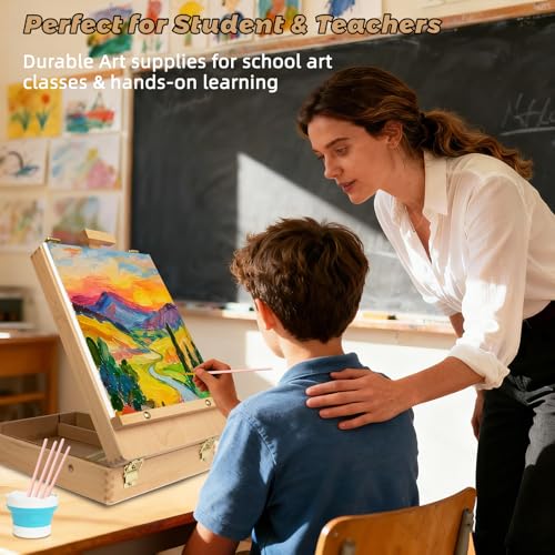 Portable Tabletop Easel Set 36-Piece Acrylic Paints Brushes Canvas DIY Pad | Wooden art kit with 24 acrylic paints, brushes, stretched canvas, storage box, non-toxic travel-friendly starter - size: art easel box-36pk