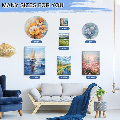 ESRICH 12 Pack Stretched Canvas for Painting, 4x4, 5x7, 8x10, 10x12, 12x16(2 of Each), Round Canvas with 8x8, 12x12(1 of Each), Blank Canvases Primed Paint Canvas for Beginners, Artists. - size: 12PCS-7sizes