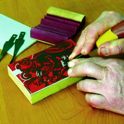 FLEXCUT SK130 5-Piece Lino & Relief Printmaking Set, Carbon Steel Blades (SK306, SK309, SK803, SK307), Quick Connect ABS Handle, Tool Roll, Strop & Honing Compound – 12 oz, Made in USA